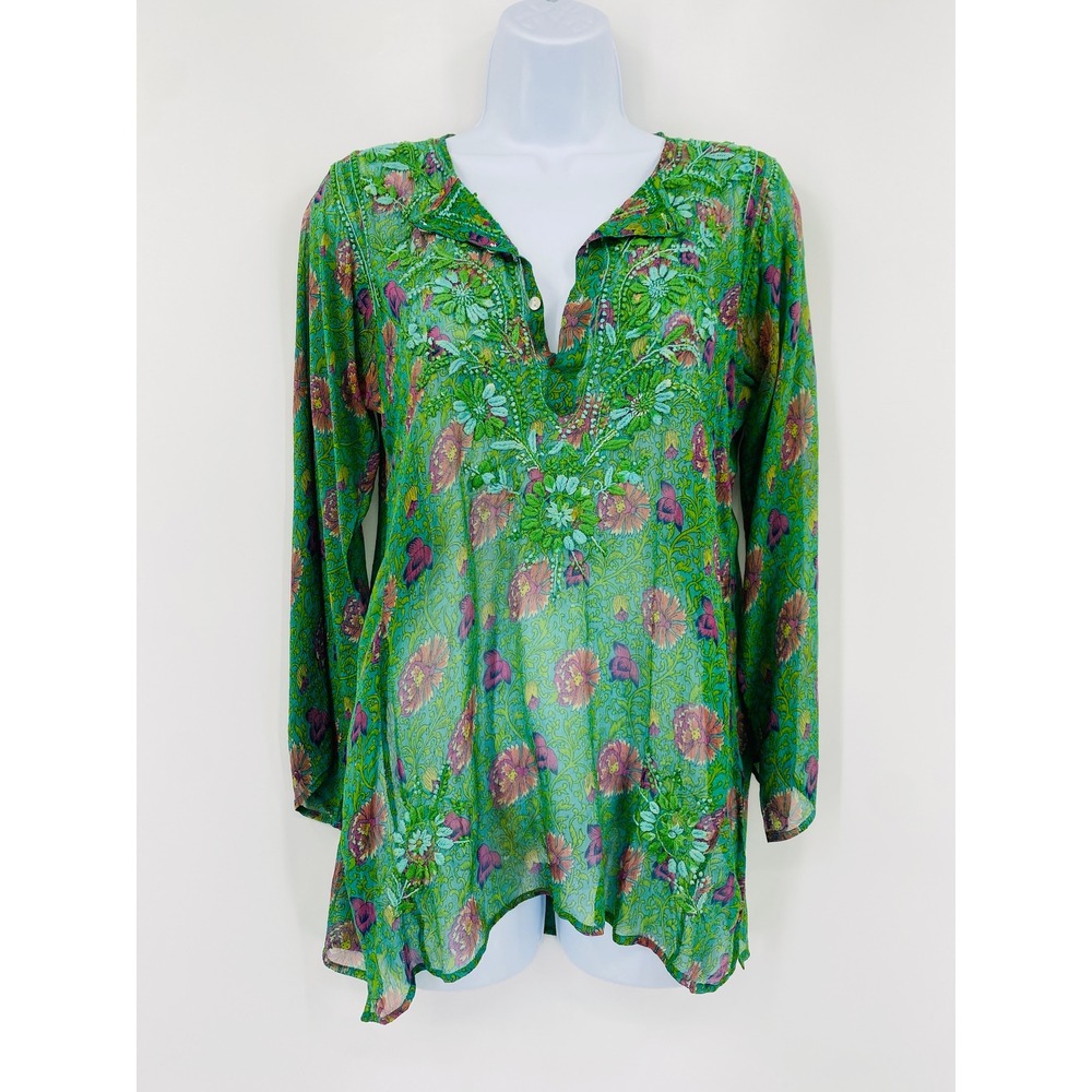 Calypso St Barth Tunic‎ Top Womens XS Green Floral Silk Embroidered Sheer
